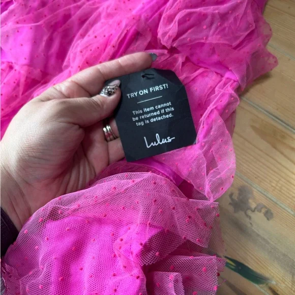 Lulus Dramatic Poise Hot Pink Dot Tulle Puff Sleeve Tiered Mini Dress - Picture 9 of 9